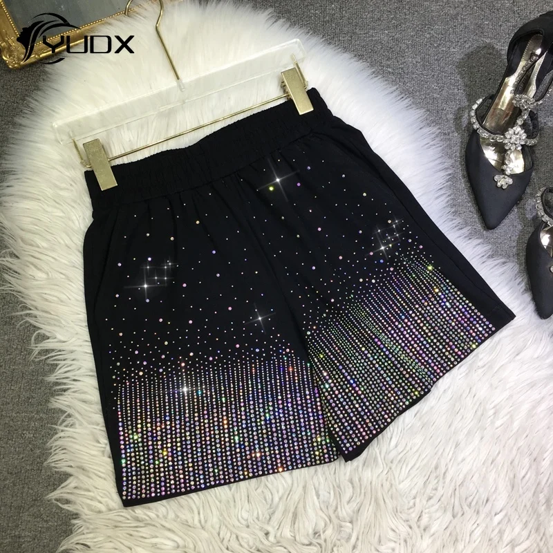 

YUDX Full Diamond Hot Drilling Summer Women Hot Shorts All-match Elastic Waist Loose Wide Leg Pants Lightweight Black Shorts