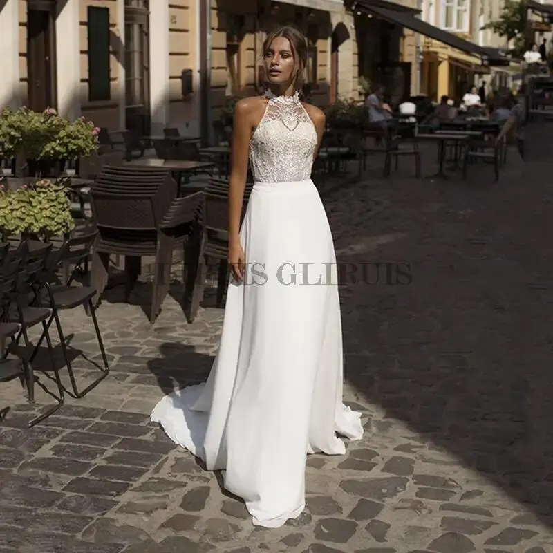 

Wedding Dress White Sexy High Split Skirt Jewel Neck Chiffon Boho Bridal Dress Beach Wedding Gowns Plus Size