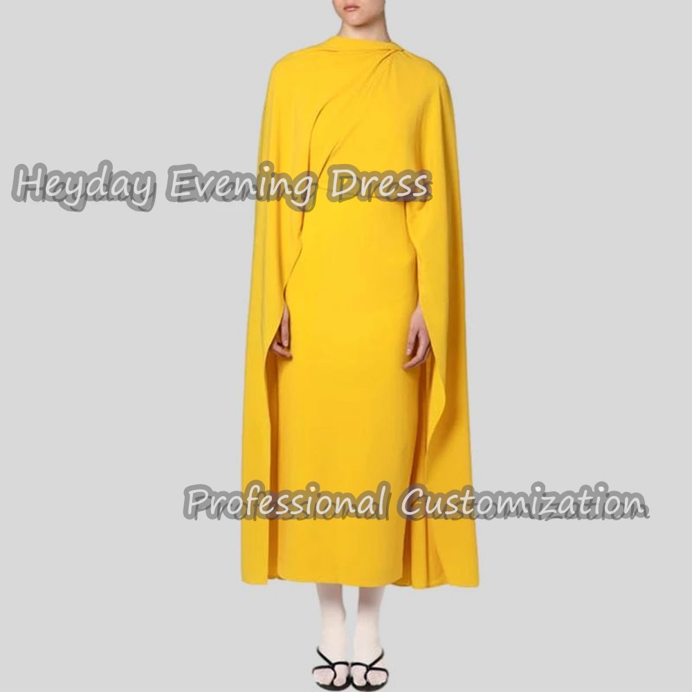 

Heyday Scoop Neckline Saudi Arabia Long Sleeves Straight Prom Gown Crepe Tea Length Elegant Evening Party Dress For Women 2024