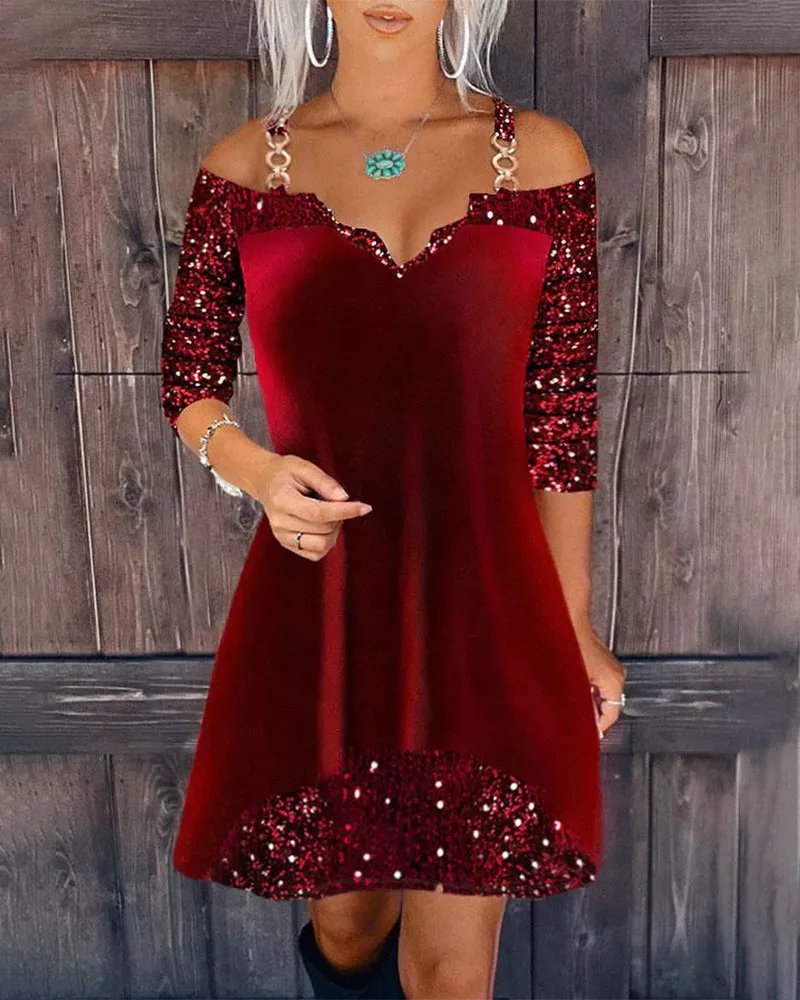 Contrast Sequin Cold Shoulder Velvet Casual Dress Women High Waist V Neck Sexy Mini Dress Spring Summer
Contrast Sequin Cold Shoulder Velvet Casual Dress Women High Waist V Neck Sexy Mini Dress Spring Summer