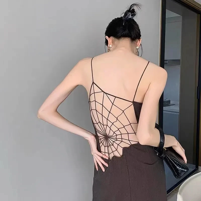 

Niche Backless Spider Web Hollowed Out Dress for Women French Sexy Suspender Dresses Party Dinner Hot Girl Halloween Long Skirts