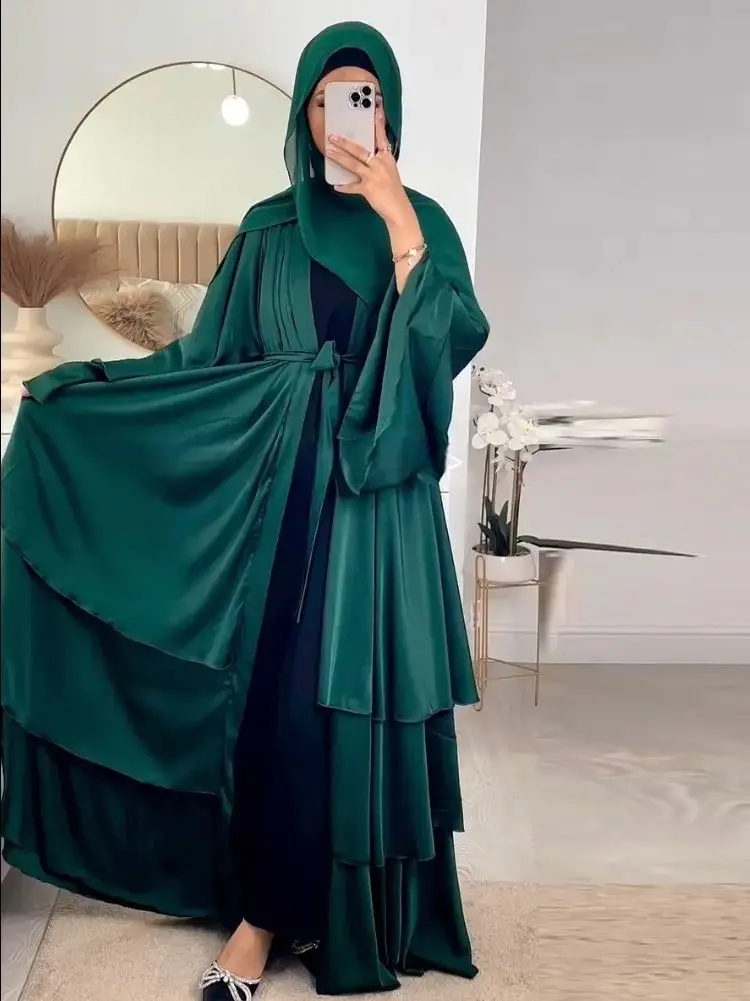 

Open Abaya Dubai Triple Layers Velvety Satin Kimono Muslim Women Islamic Clothing Turkish Outwear Modest Cardigan Ramadan Eid