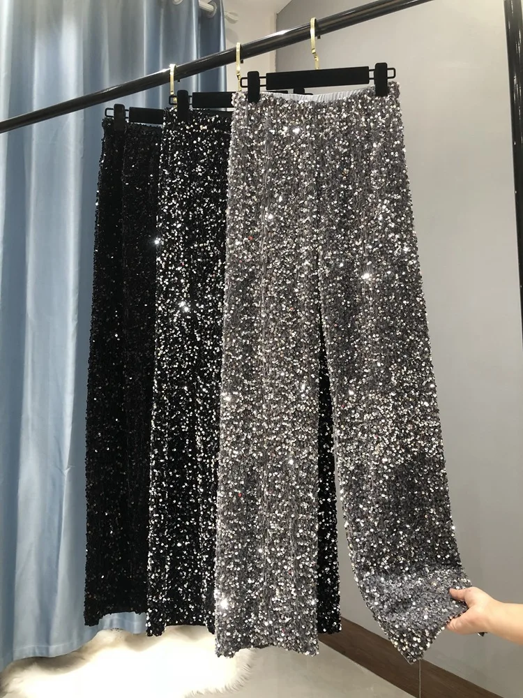 

Thickened Korean velvet sequin wide leg pants with long legs and a drooping feeling floor mop pants, shiny straight leg pants