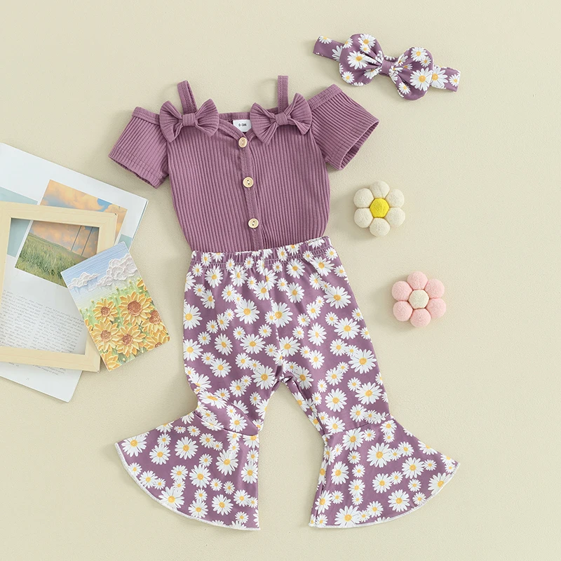 

Fabumily Newborn Baby Girl Clothes Rib Frill Short Sleeve Romper Daisy Flared Pants Headband Set 3Pcs Summer Outfits