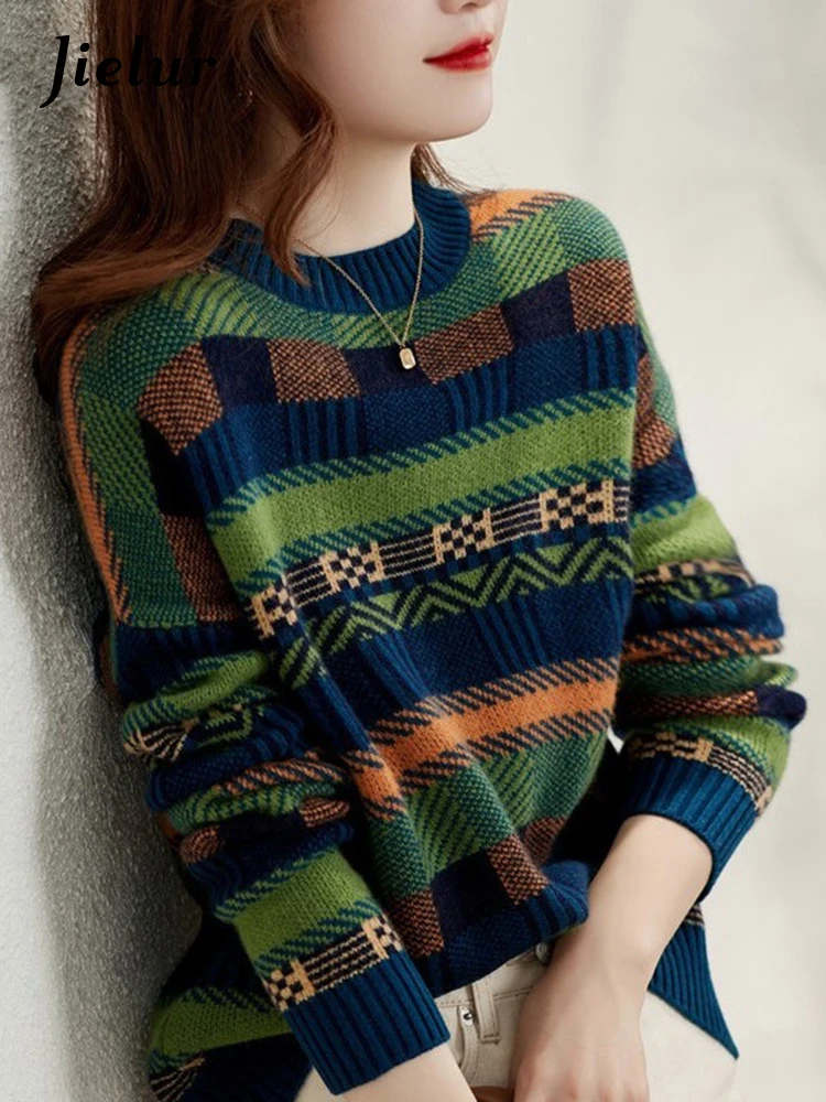

Jielur Зеленый свитер зимний индивидуальный Свободный пуловер контрастных цветов в полоску с круглым вырезом и длинным рукавом вязаный Топ женская одежда