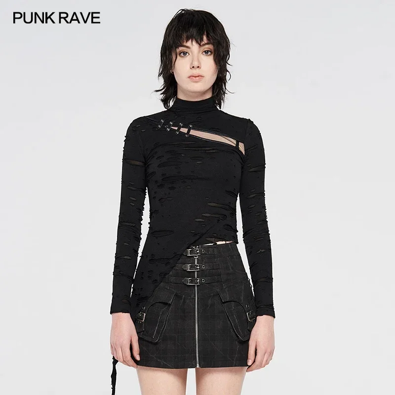 

PUNK RAVE Women's Steampunk Asymmetrical Hem Broken Hole Long Sleeve Black Top Gothic Knitted Slim-fitting Daily Casual T-shirts