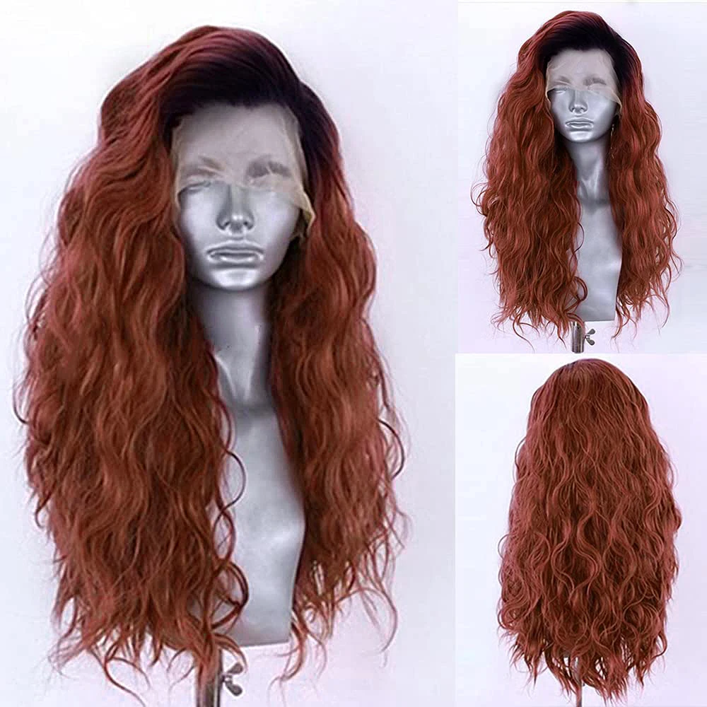 

UNIQUE Reddish Brown 13X4 Synthetic Lace Front Wigs For Women Black Roots Lace Frontal Wig Pre Plucked Hairline Daily Wear Wigs