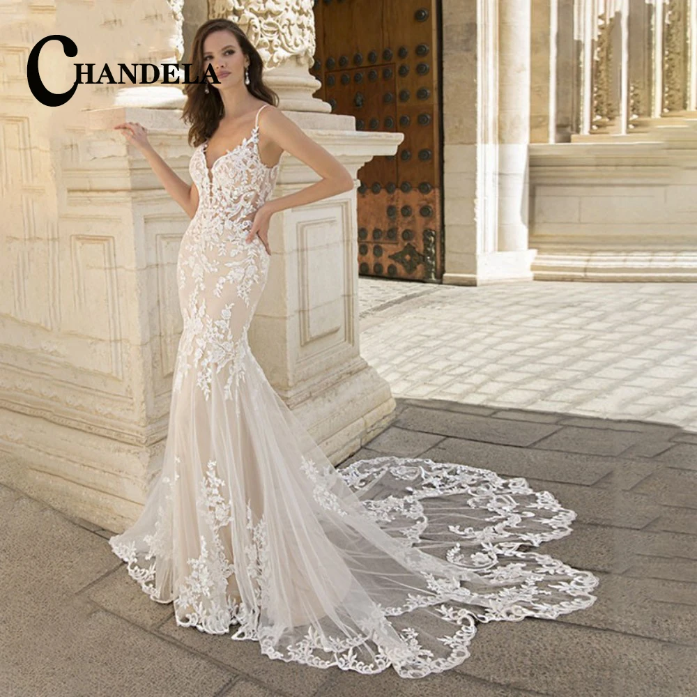 

CHANDELA Elegant Spaghetti Strap V-Neck Trumpet Wedding Dresses Appliques Lace Pleat Backless Customised Vestido De Noiva 2023