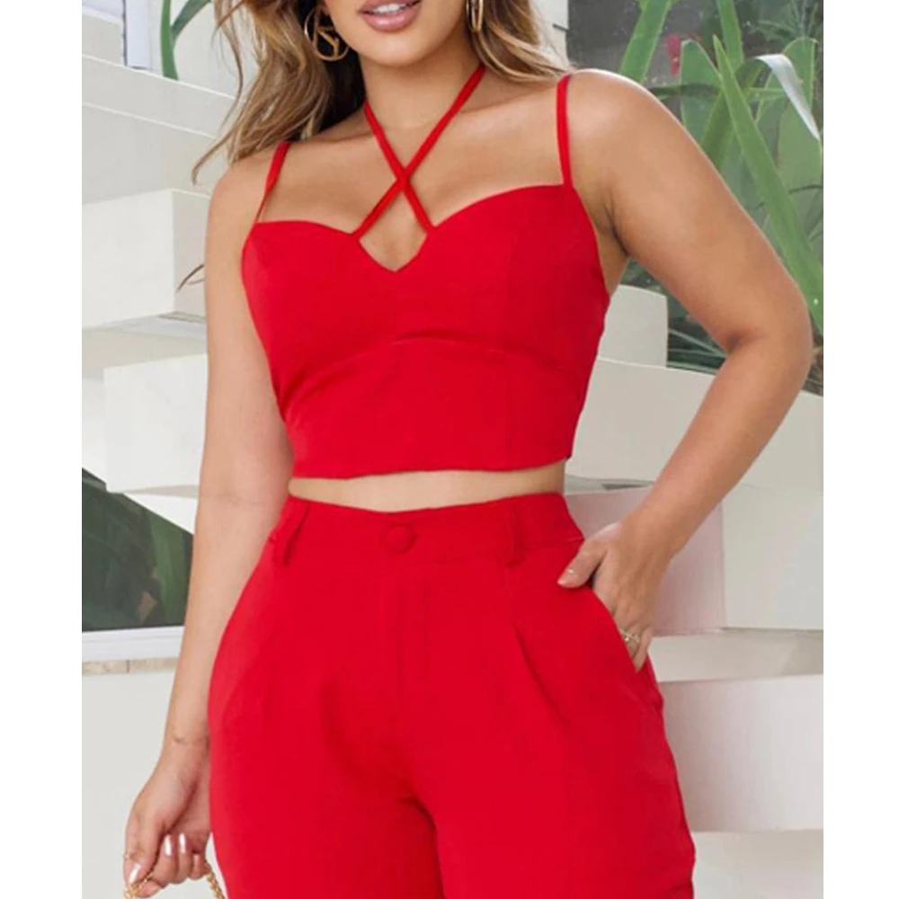 

Wepbel Pants Casual Sets Women Crisscross Halter Camis Tops 2 Piece Sets Outfits Cross-Halterneck Vest Crop Top & Pants Sets