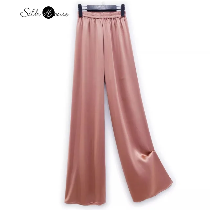 

2024 Women's Fashion Spring New 100%Natural Mulberry Silk Crepe De Chine Smooth Skin Pink Casual Straight Leg Pants