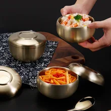 Korean-style stainless steel imperial bowl gold thickened rice bowl soup bowl with lid for children to eat and cook kimchi bowl