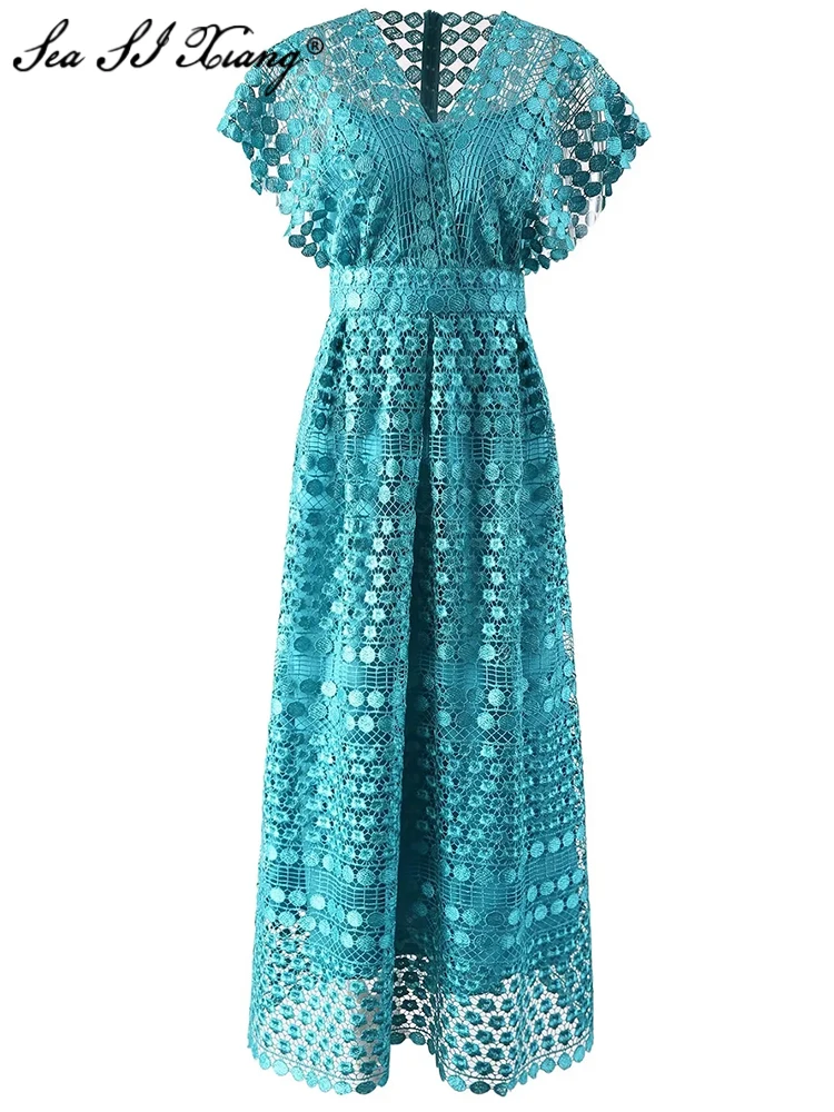 Seasixiang Fashion Designer Spring Long Dress Women V-Neck Flying Sleeve Geometric Hollow Out High Waiste Elegant Party Dresses 
Seasixiang Fashion Designer Spring Long Dress Women V-Neck Flying Sleeve Geometric Hollow Out High Waiste Elegant Party Dresses