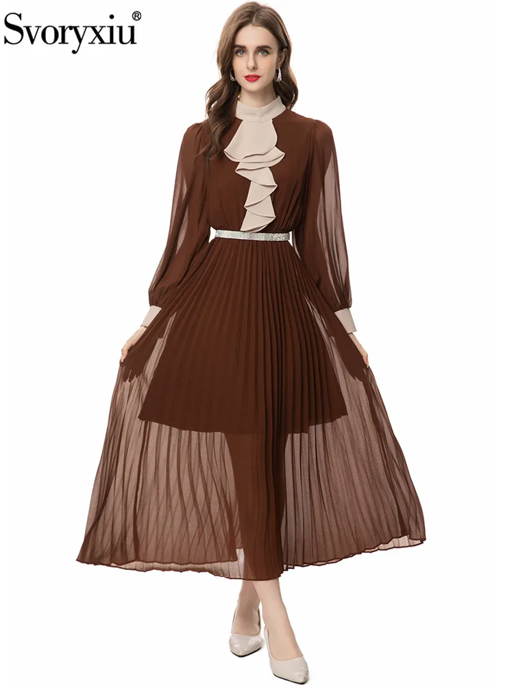 

Svoryxiu Fashion Runway Autumn Russet Brown Vintage Long Dress Women's Stand Collar Flounces Lantern Sleeve Belt Pleated Dress