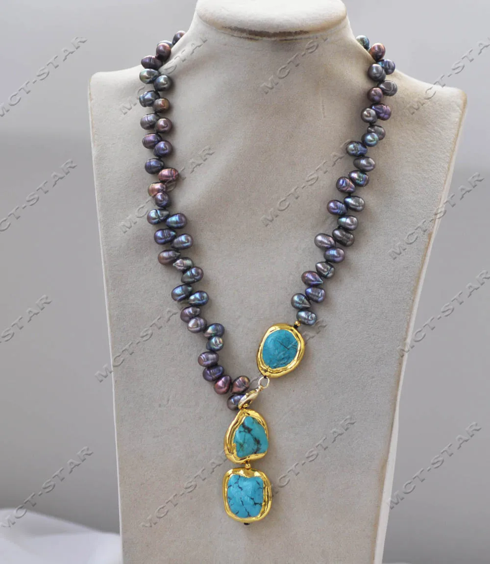 

MTC·STAR Z13137 19'' 10mm Rice Peacock-Black Pearl Necklace Gold-Plated Rough Stone Turquoise Pendant