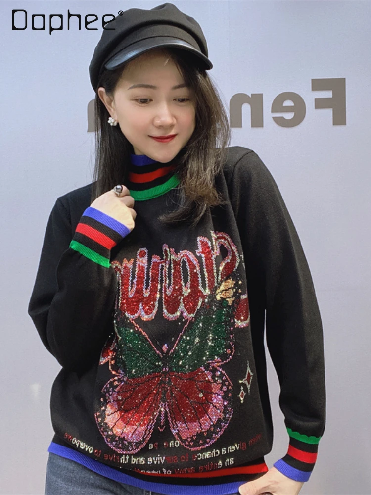 Autumn Winter Turtleneck Butterfly Rhinestone Sweater Female Temperament All-Matching Long Sleeve Black Knitwear Top Women
Autumn Winter Turtleneck Butterfly Rhinestone Sweater Female Temperament All-Matching Long Sleeve Black Knitwear Top Women