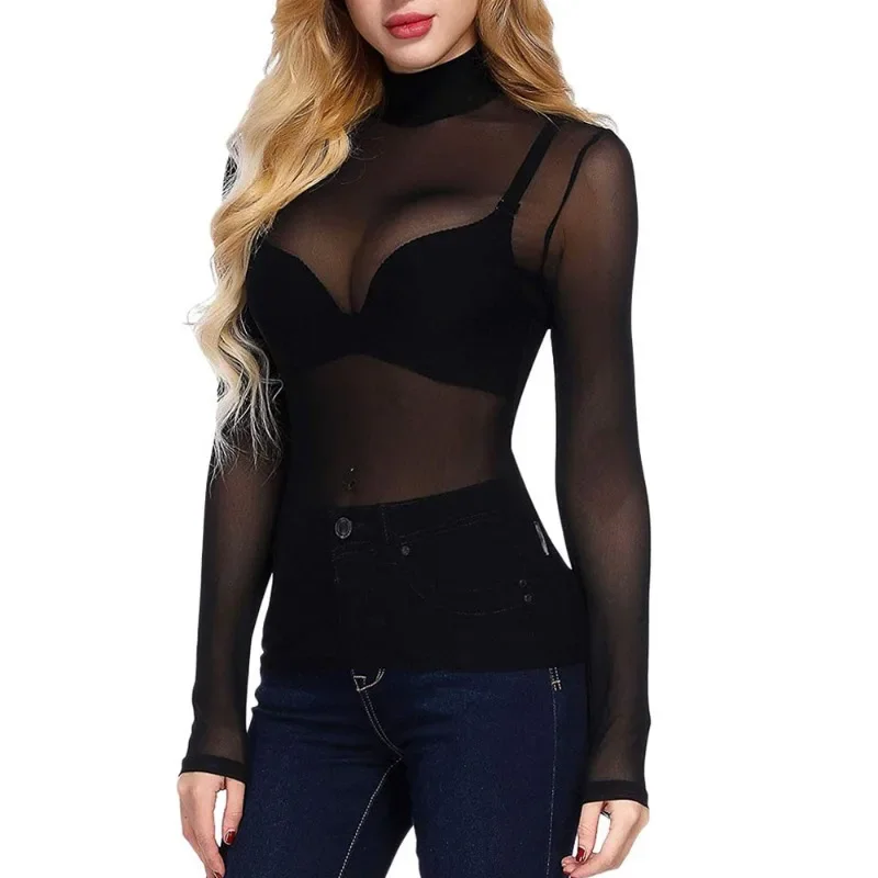 

2024 Women's Sexy Long Sleeved Mesh Lace High Neck Perspective Top Perspective Women's Underlay Four Seasons New Style YDL20