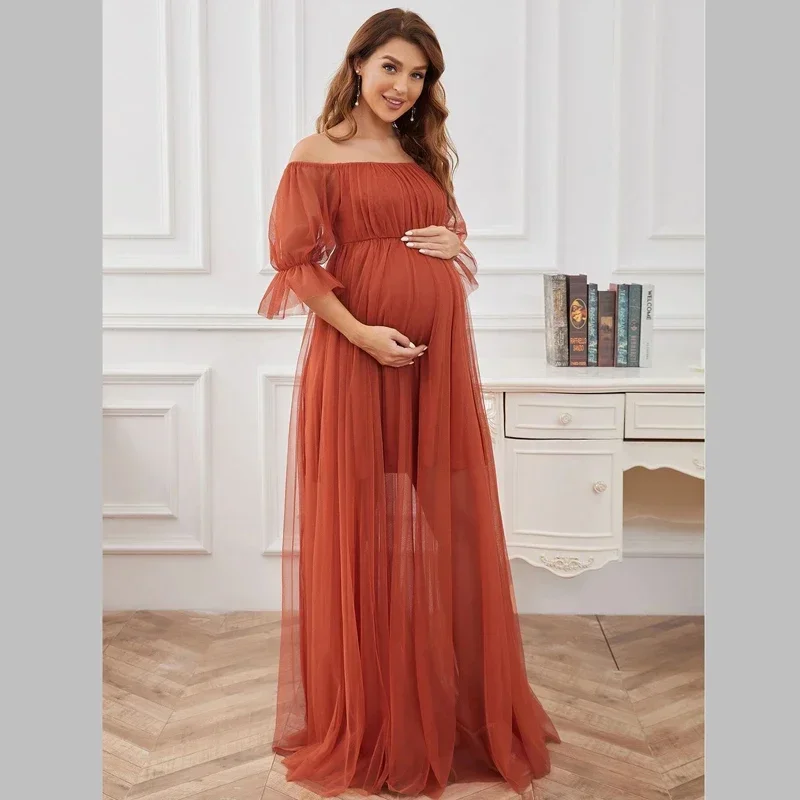 

One Line Neck Maternity Ceremonial Dresses Short Sleeved Gauze Solid Color Long Pregant Dress Classic Cozy Photography Clothing