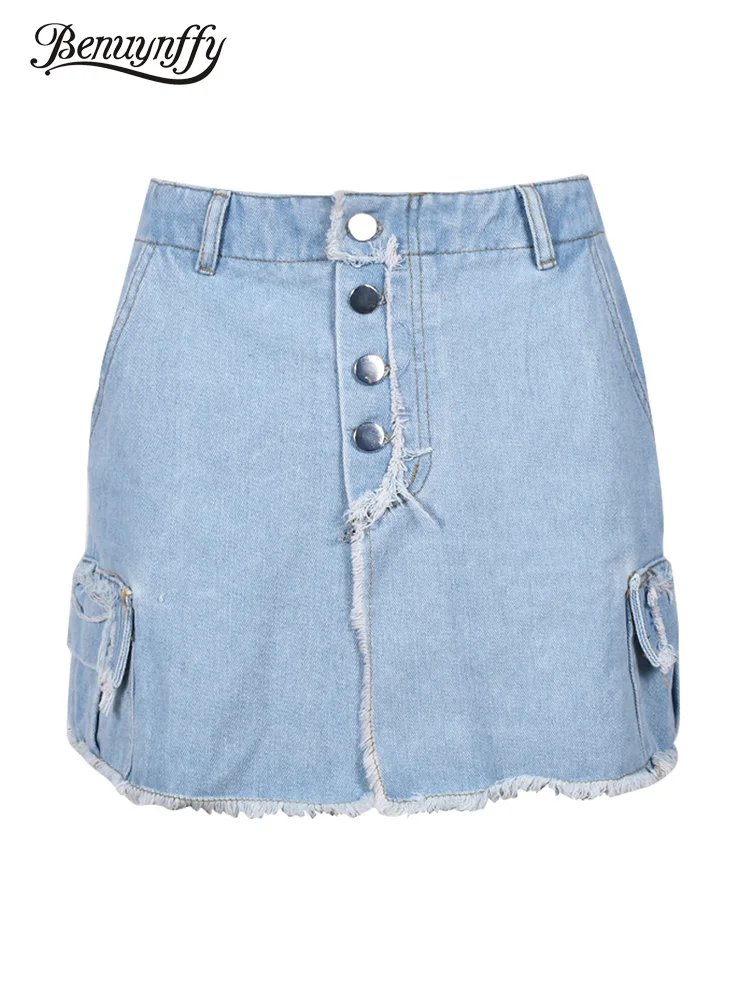 

Benuynffy Buttoned Split Frayed Hem Jean Skirt Women Streetwear Y2K Pockets High Waist A-line Washed Denim Mini Skirts Woman New