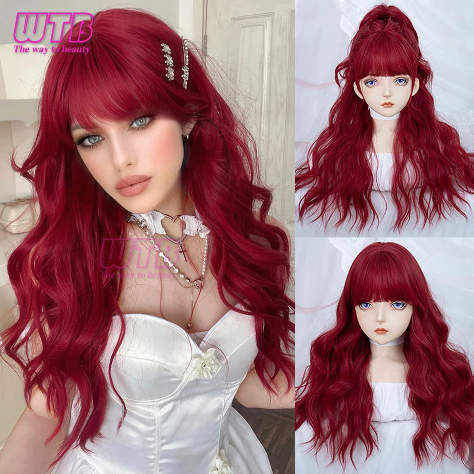 

WTB синтетический длинный волнистый парик женский парик с челкой красный Cospaly Lolita ежедневные Искусственные парики из термостойкого волокна Натуральные Искусственные волосы