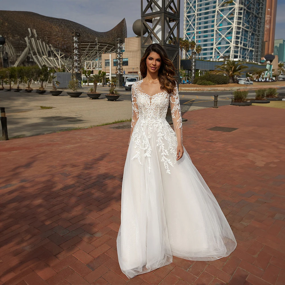 

Elegant Long Illusion Applique Lace Tulle Wedding Dress for Women A-line Court Wedding Party Gown robes de mariée