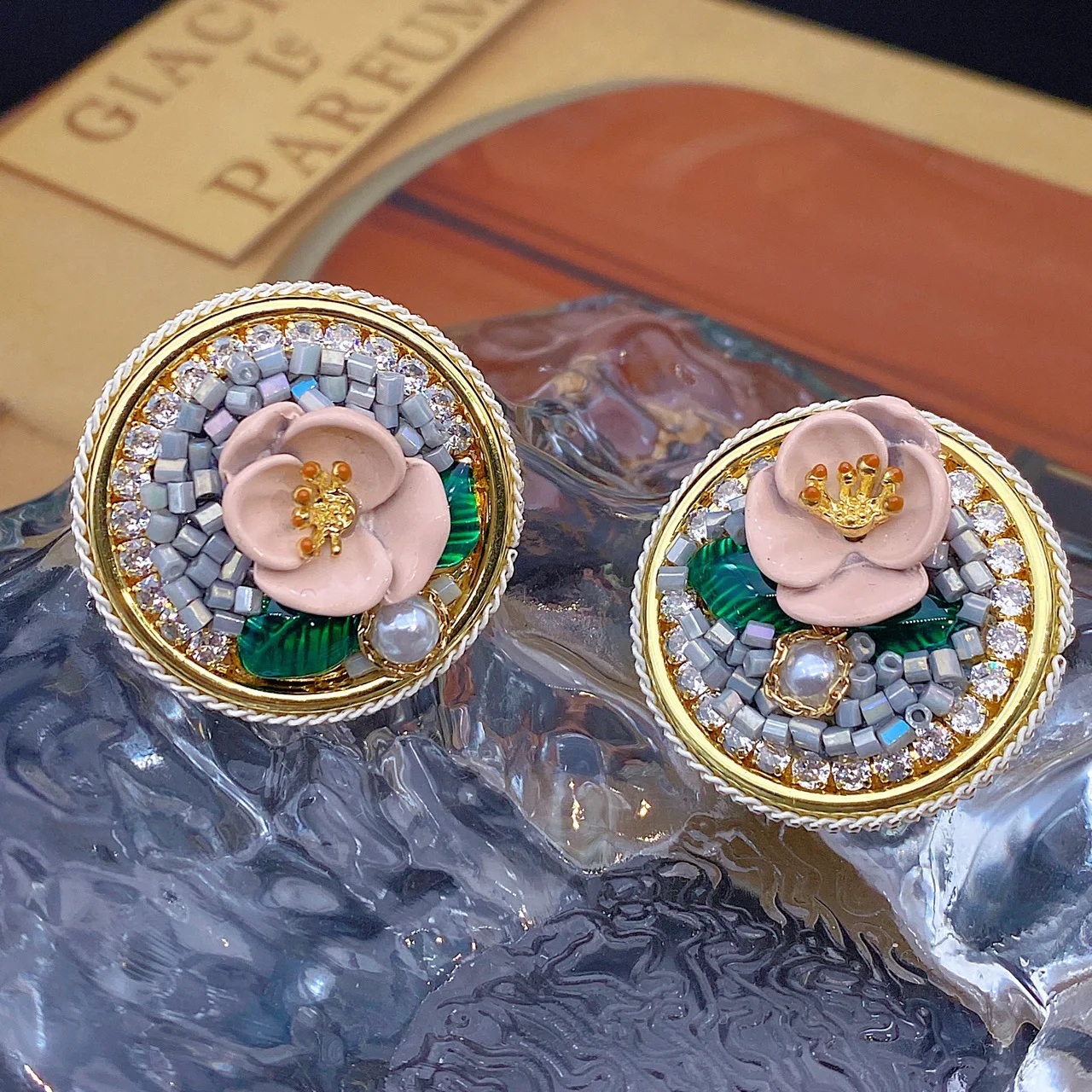 

Luxury Brand Italy Gem Stone Pink Flower Pearl Vintage Ear Stud 925 Silver Pin Irregular Geometric Crystal Statement Earring