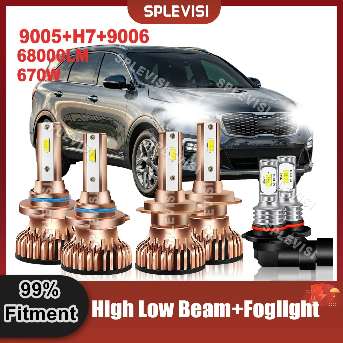 

LED Headlight High Beam 9005 Low Beam H7 Foglight 9006 12x CSP Chips 360 Degree Beam For Kia Sorento 2019 2020 6000K White Bulbs