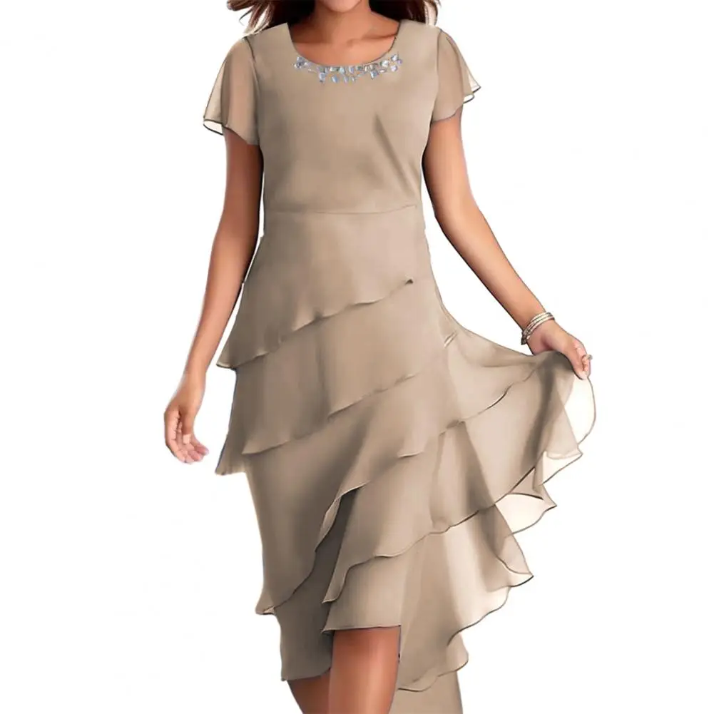 

Chiffon Gown Dress Elegant Beaded Decor O-neck Midi Dress with Layered Cake Hem Short Sleeve Flowy Party Wedding Guest for Women