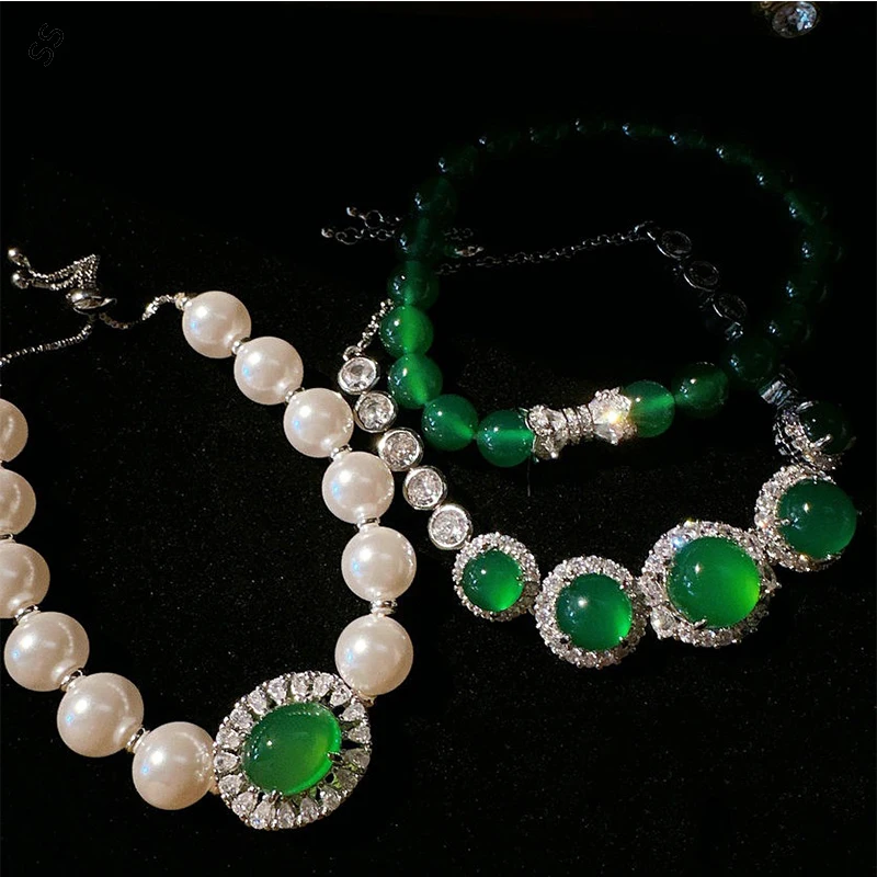 

Бразильский браслет из халцедона с жемчугом и агатом, высококачественный Роскошный зеленый драгоценный камень, украшение, ювелирный аксессуар, популярная модная цепочка для рук