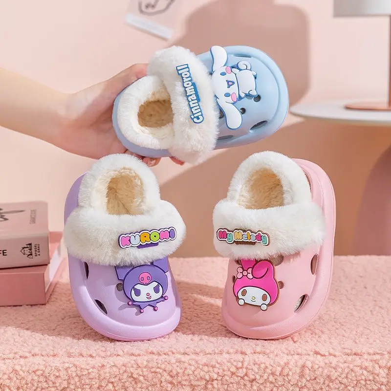 

Sanrio Kawaii Cinnamoroll Kuromi Children's Detachable Cotton Slippers Cute Cartoon My Melody Comforter Shoes Lovely Kids Toys