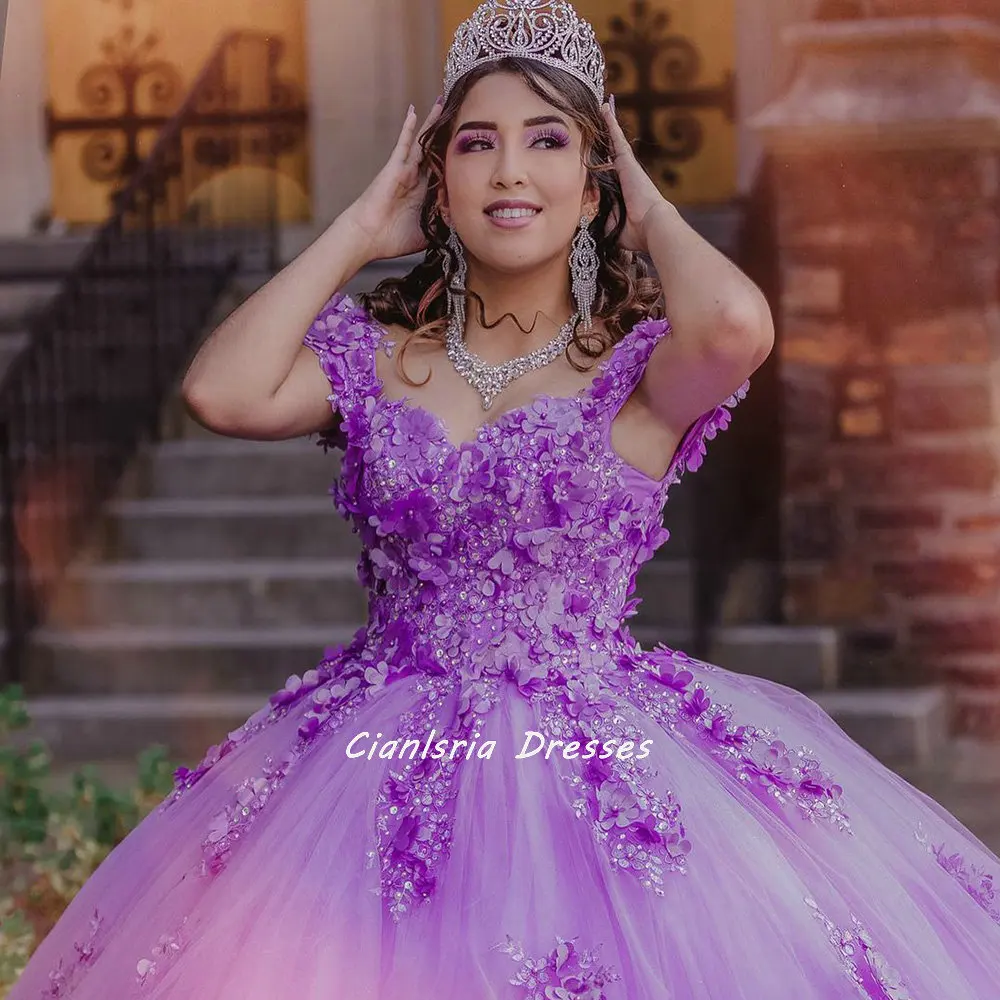 

lilac Pearls Beading 3D Flowers Ball Gown Quinceanera Dresses Off The Shoulder Appliques Lace Corset Vestidos De XV Anos