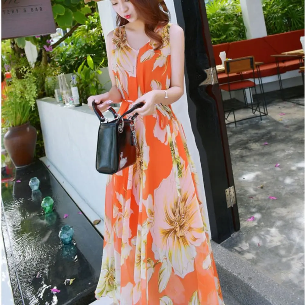 

Floral Print Floral Dress Women Beach Dress Bohemian V-neck Maxi Dress Women Dacron V Neck Sleeveless Beach Skirt Girl