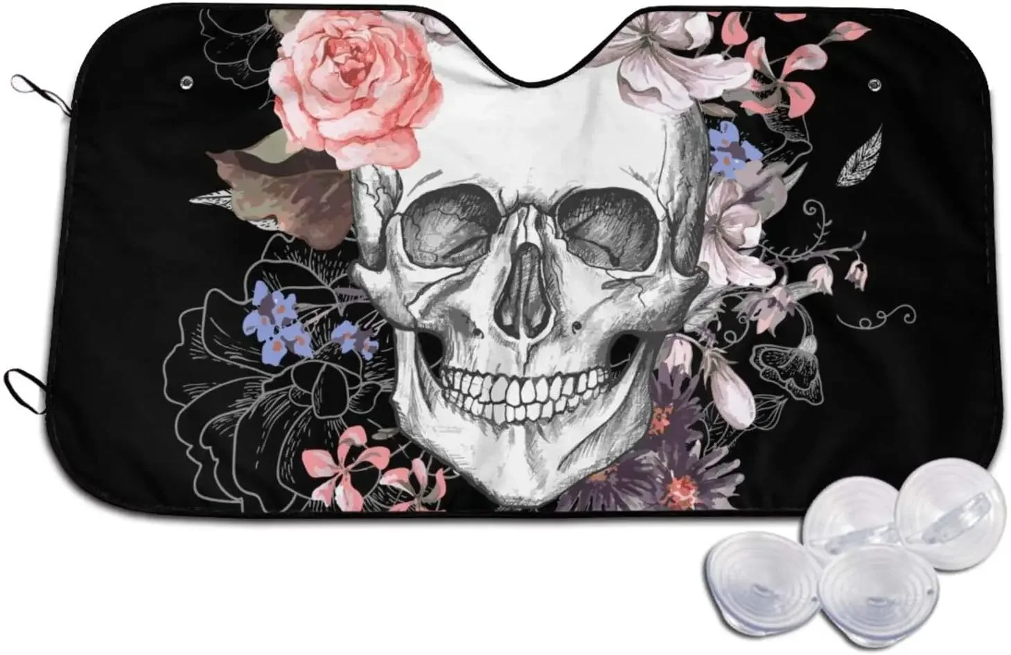 

Skull and Flowers Pattern Car Sun Shade Front Window Sunshade for Most Sedans SUV Blocks Max Uv Rays and Keep Your Vehicle Cool