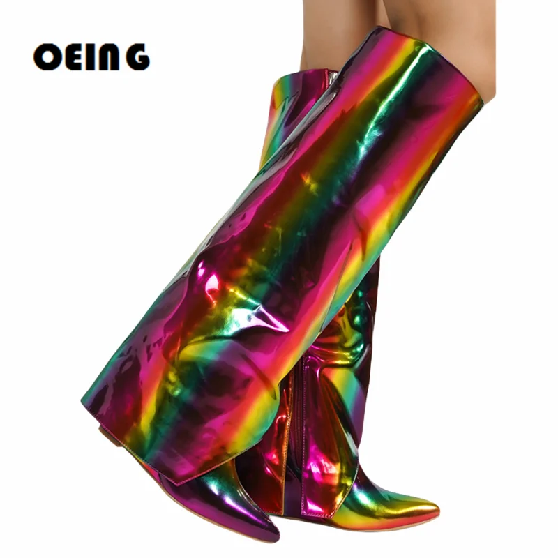

Sexy Pointy Toe Metallic Leather Knee High Boots Fold-over Wedge Heels Tube Boot Female Side Zip Long Boots Cowboy Knight Botas