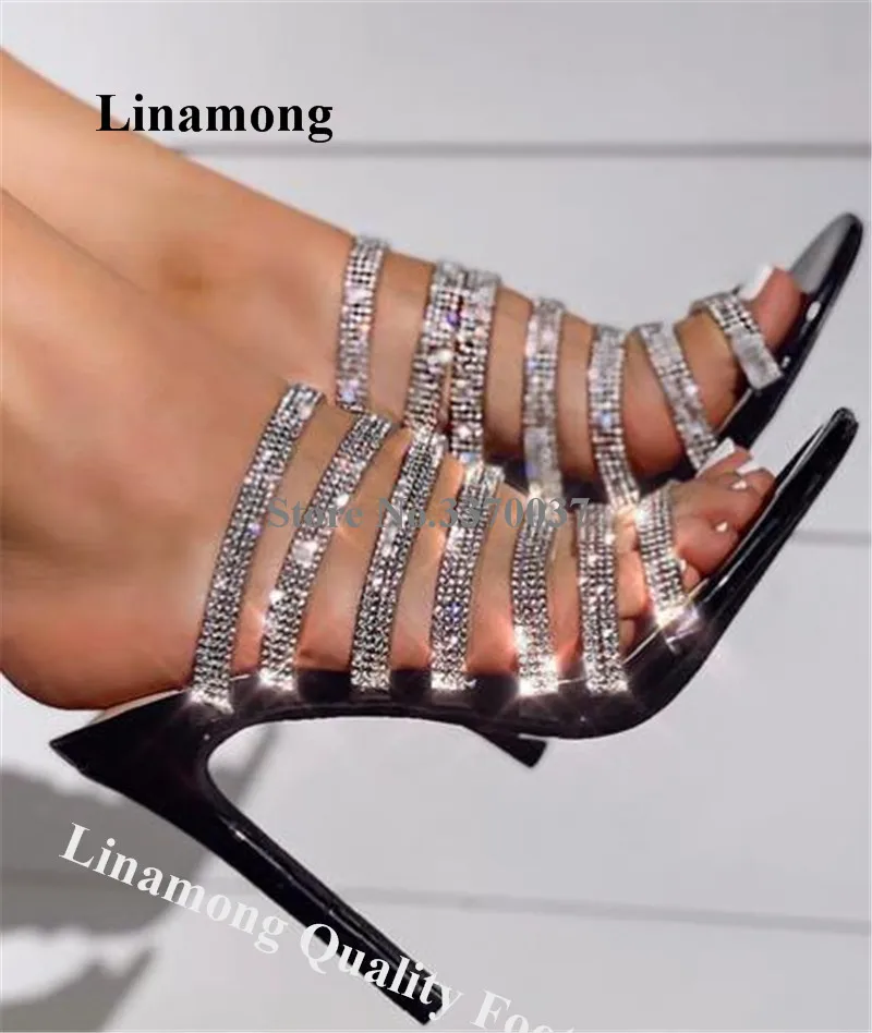 

Rhinestones Straps Slippers Linamong Bling Bling Black Silver Crystals Bands Stiletto Heel Dress Shoes Shining Wedding Heels