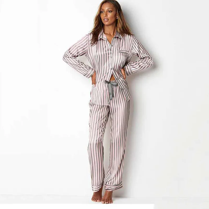 Summer Spring Pajamas for Women Satin Silk Sleepwear Two Piece Set Long Sleeved Striped Pjs Lounge Wear Night Suits Home Clothes
Summer Spring Pajamas for Women Satin Silk Sleepwear Two Piece Set Long Sleeved Striped Pjs Lounge Wear Night Suits Home Clothes