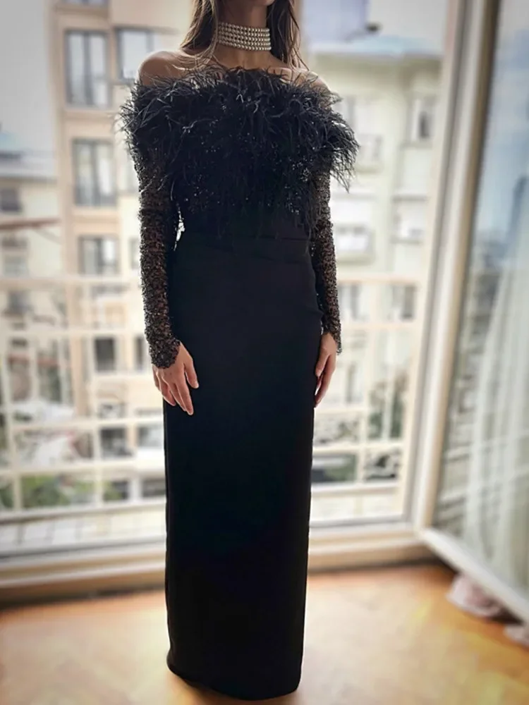 

Evening Dresses Women Elegant Black Long Sleeve Off Shoulder Furry Sequines Bandage Patchwork Ankle Long Celebrity Party Gowns