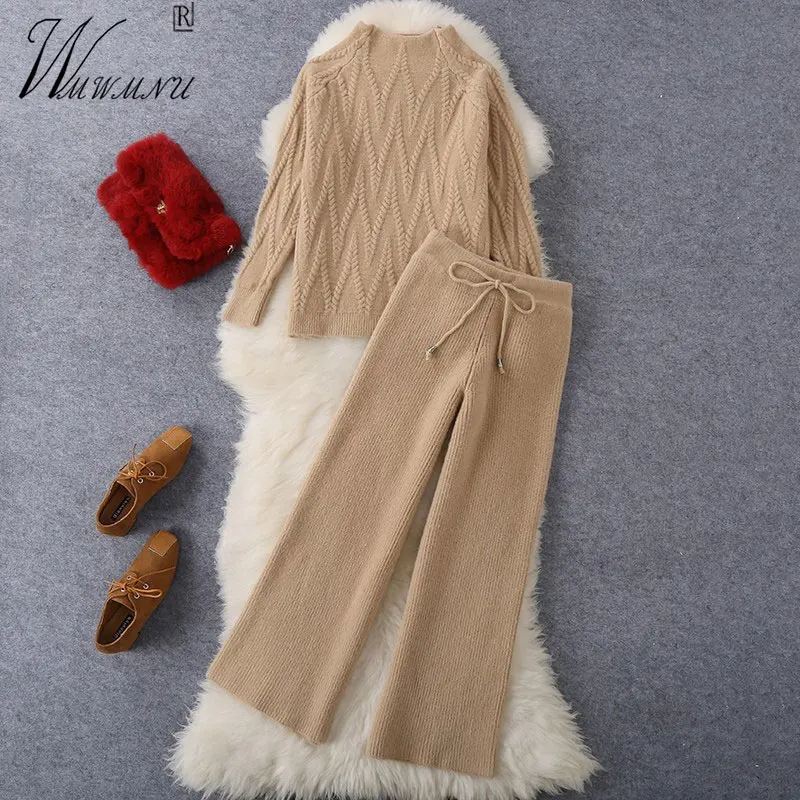 Elegant Warm Knitted Pants Sets Women Half High Collar Sweater 2 Pieces Set Korean Soft High Waist Wide Leg Pantalones Conjunto
Elegant Warm Knitted Pants Sets Women Half High Collar Sweater 2 Pieces Set Korean Soft High Waist Wide Leg Pantalones Conjunto