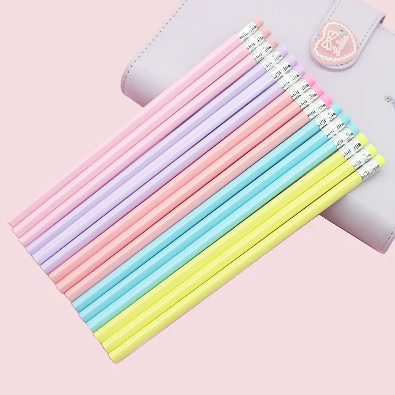 

100pcs Cute Macaroon Color Wood Pencils No Logo Kids School Supplies Drawing Items Art Supplies Stationery Pencil with Erasers
