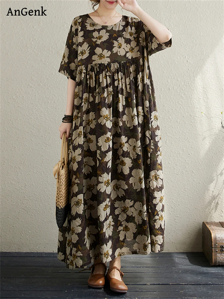 

Женское Хлопковое платье с коротким рукавом, повседневное Свободное длинное винтажное платье большого размера, элегантная одежда на лето 2024
