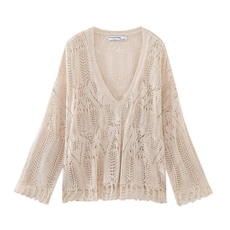 

Girly Style Fresh Fringed Sweater Summer V-neck Fashion Hollowed-out Inner Wear Loose Slimming Short Top Women Wholesale
