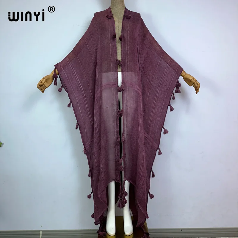 

WINYI new Women Bohemian Monochrome tassel long coat Elegant dress African Cardigans Outerwear Summer Sexy cotton feeling Kimono