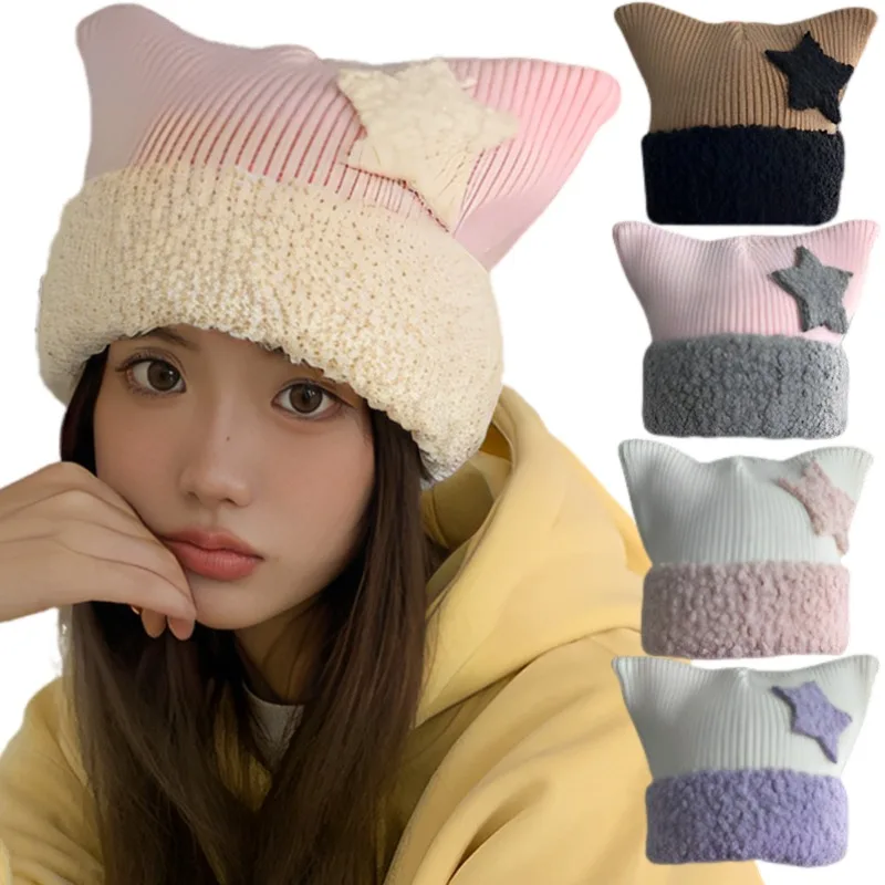 

Y2k Cute Star Cat Ears Wool Beanie Hat Women's Winter Korean Version Yabi Style Warm Pullover Ear Protection Knitted Hat Tide
