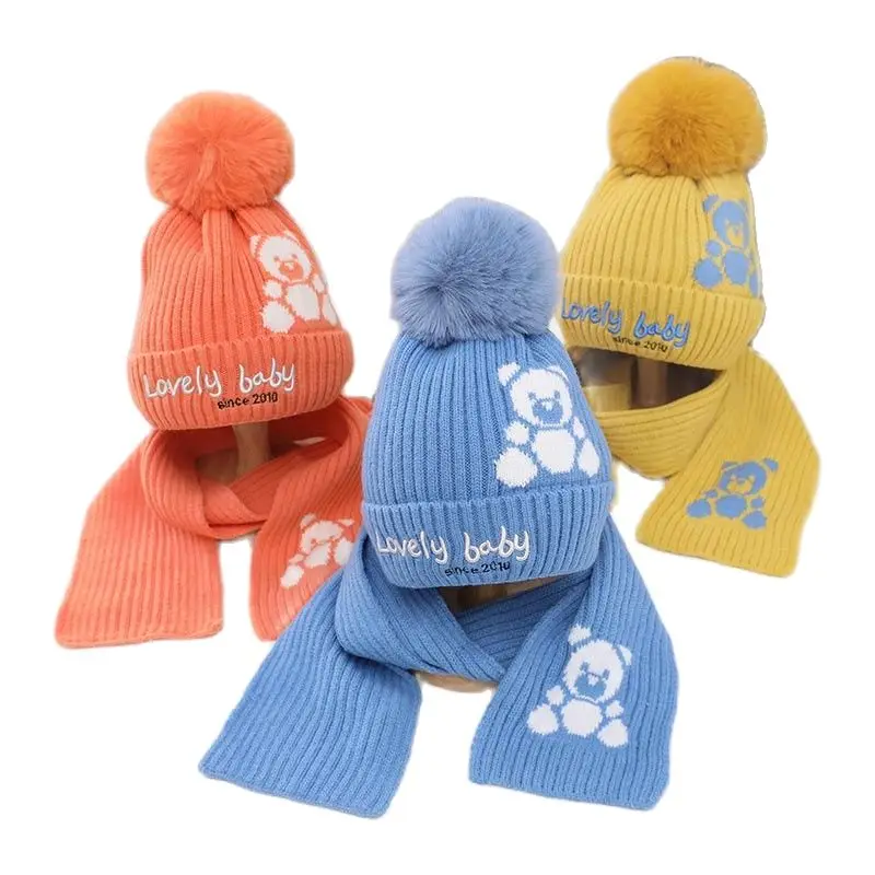 

Doitbest Winter Boys Girls Warm Beanies Child Scarf Hat Set Fur ball Bear Acrylic 2022 Baby Kids knit designer Scarves Hats