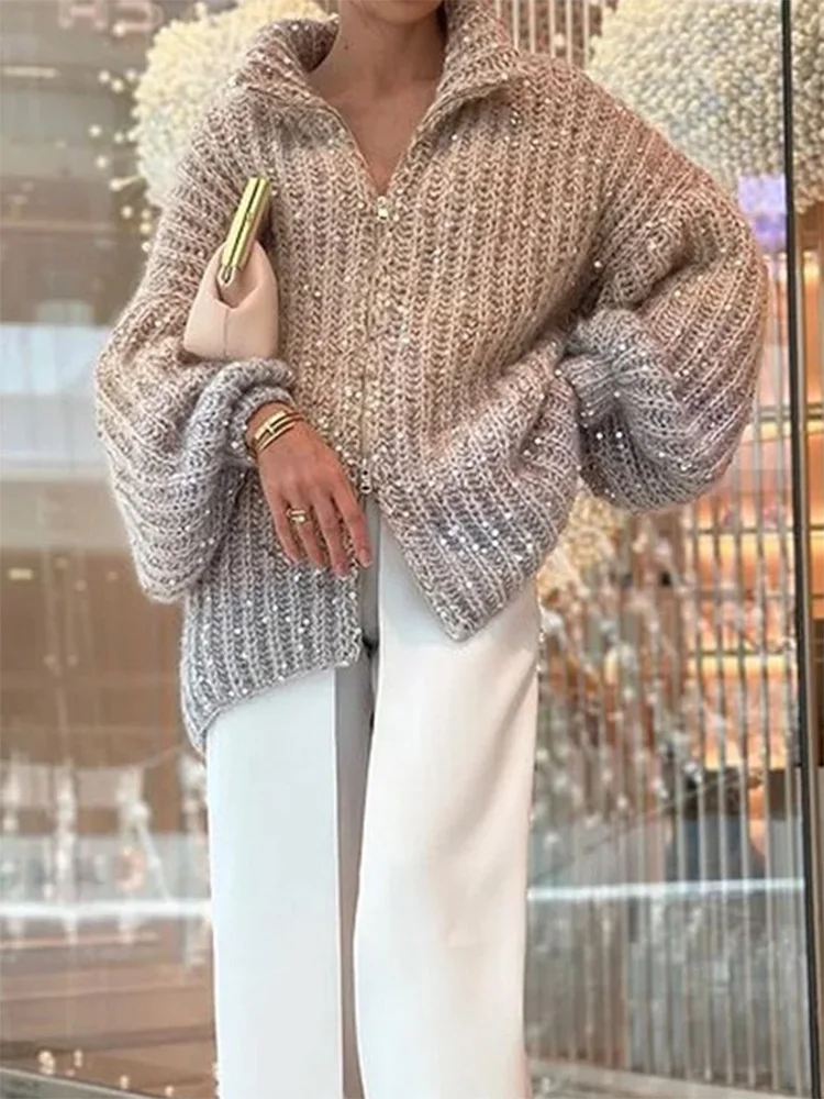 

HH TRAF 2024 Women's Loose Knitted Sweater Top Oversized Stand Collar Sequin Cardigan Coat Female Elegant Long Sleeve Cardigans