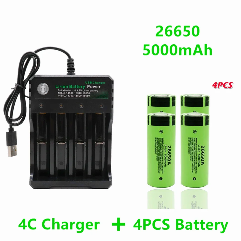 Genuine High Quality 26650 Battery 5000mAh 3.7V 50A Lithium Ion Rechargeable Battery for 26650A LED Flashlight + 18650 Charger
Genuine High Quality 26650 Battery 5000mAh 3.7V 50A Lithium Ion Rechargeable Battery for 26650A LED Flashlight + 18650 Charger