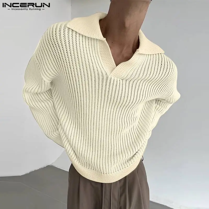 

INCERUN Tops 2023 Korean Style Handsome Mens Hollow Knitted Solid T-shirts Fashionable Leisure Long Sleeved Lapel Camiseta S-5XL