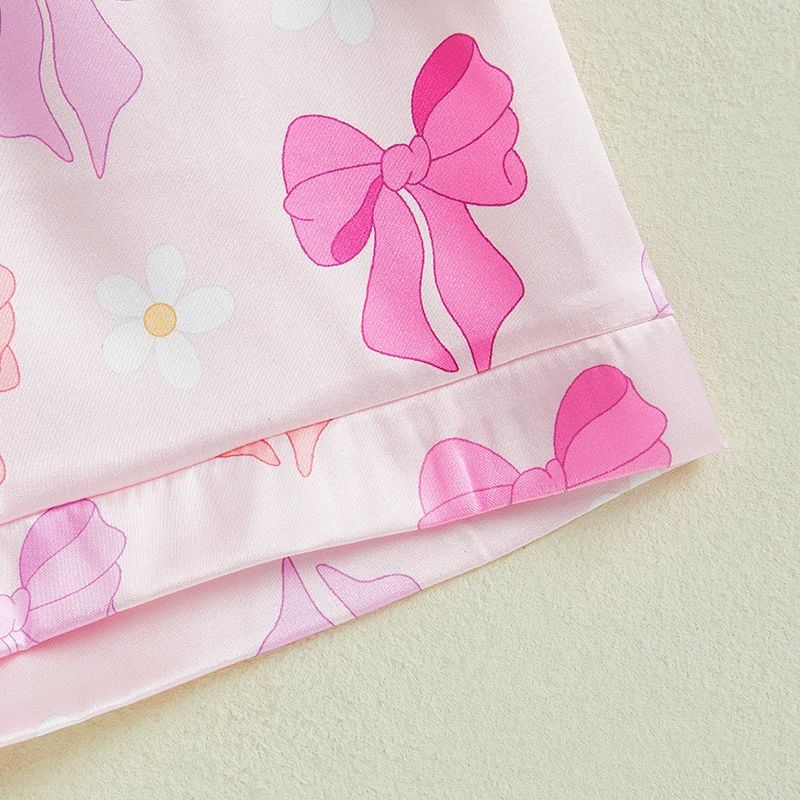 Summer Pajamas Set Bow Print Lapel Short Sleeve Button Down Tops with Shorts Kids Satin 2 Pieces Sleepwear Summer Pajamas Set Bow Print Lapel Short Sleeve Button Down Tops with Shorts Kids Satin 2 Pieces Sleepwear