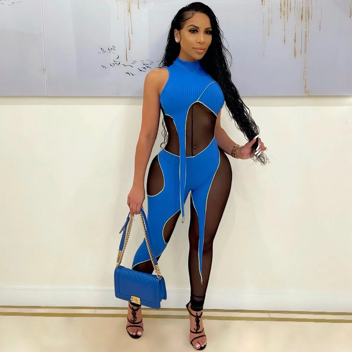 

2024 Early Autumn Women Sleeveless Round Neck Nightclub Style Mesh Splicing Hollow Out Perspective Sexy Long Jumpsuit