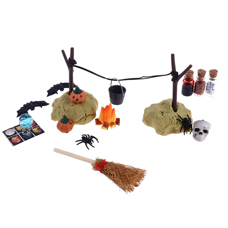 

1Set 1:12 Dollhouse Miniature Halloween Horror Decor Toy Bat Skull Head Broom Spider Pumpkin Head Magic Book Ornament DIY Toy