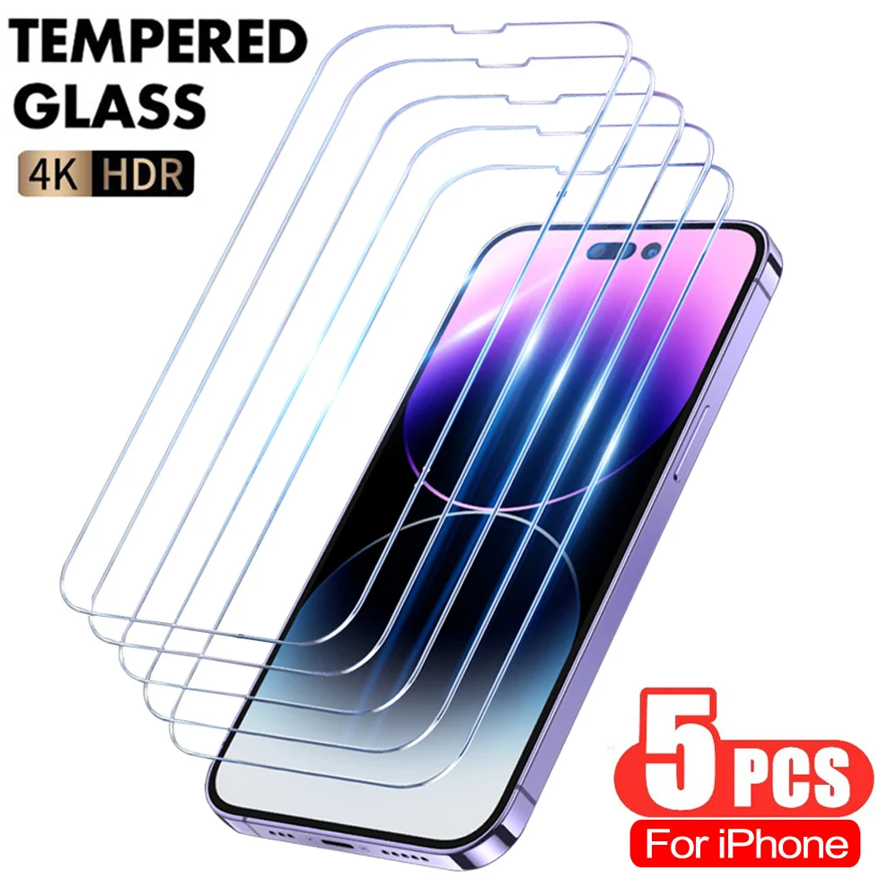 

5Pcs Tempered Glass for IPhone 15 14 13 12 11 Pro Max Screen Protector for IPhone 12Mini 13Mini 7 8 SE X XS XR 14 15Pro Glass